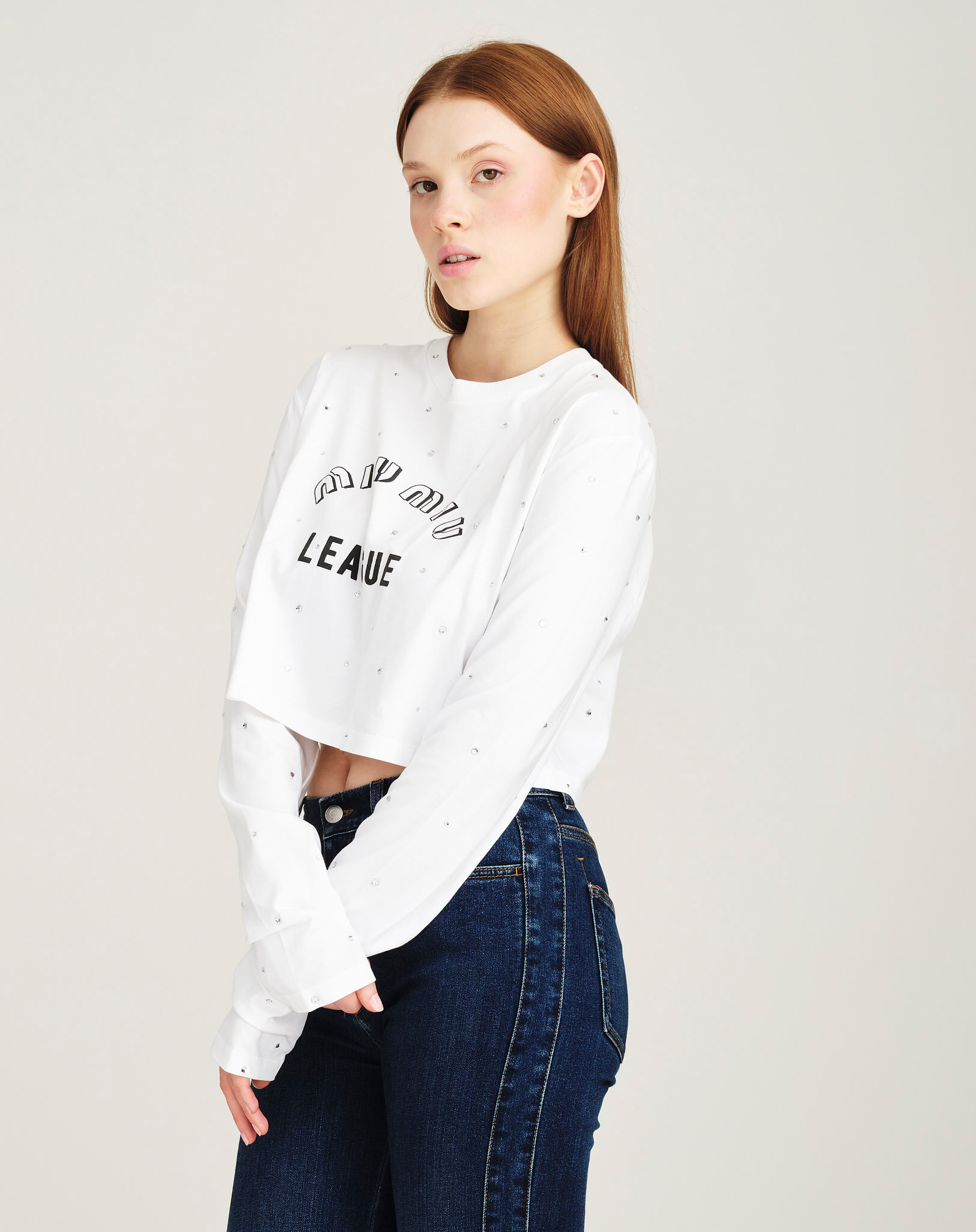 Miu Miu - Logo Crystal Embellished Cropped Long Sleeve Top M